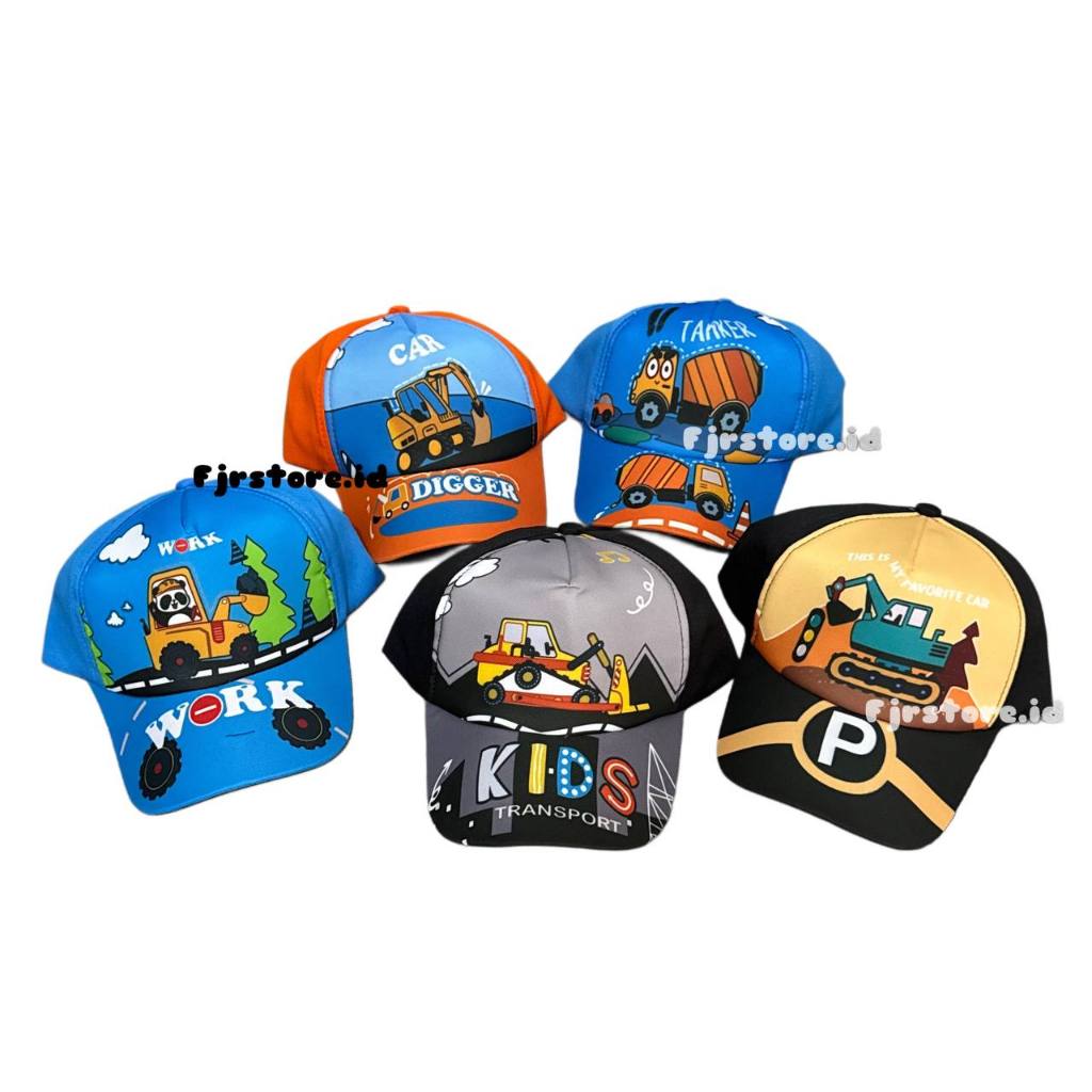 Topi Baseball Anak LakiLaki Perempuan Motif Eskavator Truk Car Mobil Kontruksi Kekinian Topi Korea