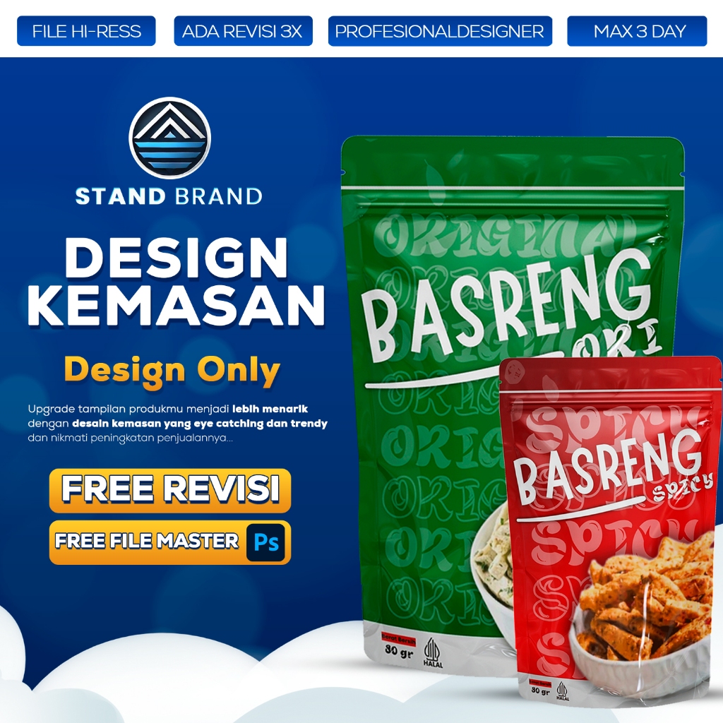 Jasa Desain Packaging Standing Pouch 2 sisi Desain Kemasan Snack Basreng Baso Aci