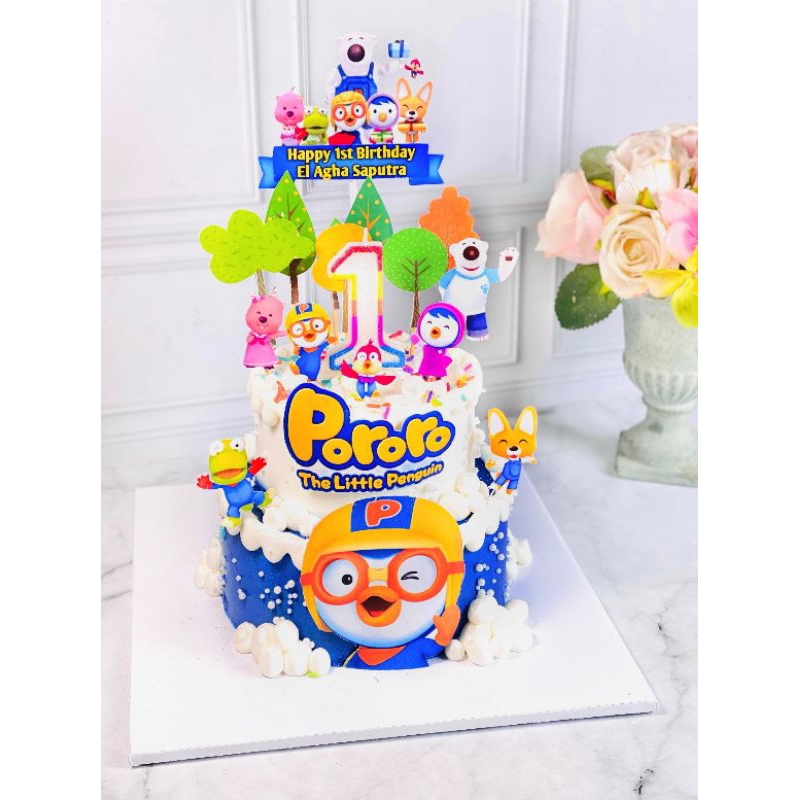 

cake ulang tahun/birthday Pororo topper 2 tier