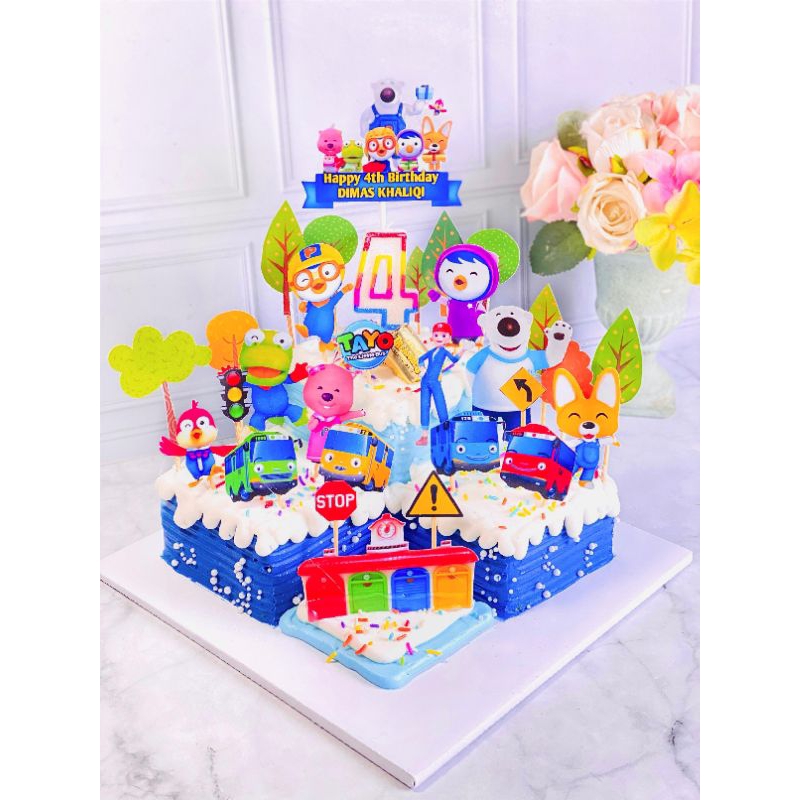 

kue ulang tahun birthday anak Pororo mix Tayo topper cake