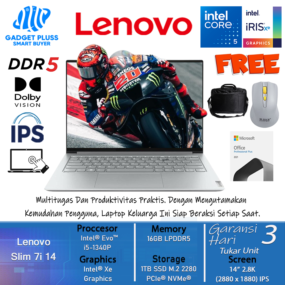 Laptop Touchscreen Lenovo Slim 7i 14 Intel Evo i5 1340P Ram 16GB DDR5 1TB SSD 14.0 2.8K IPS 120HZ Wi