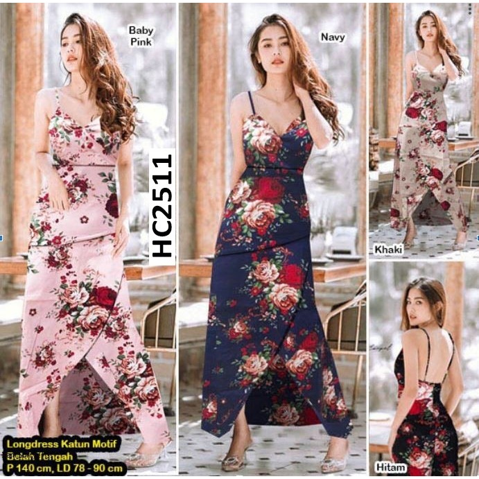 Happycorn HC2511 Longdress Katun Motif Bunga Stretch Bodycon / Korean Dress Flower / Dress Panjang S