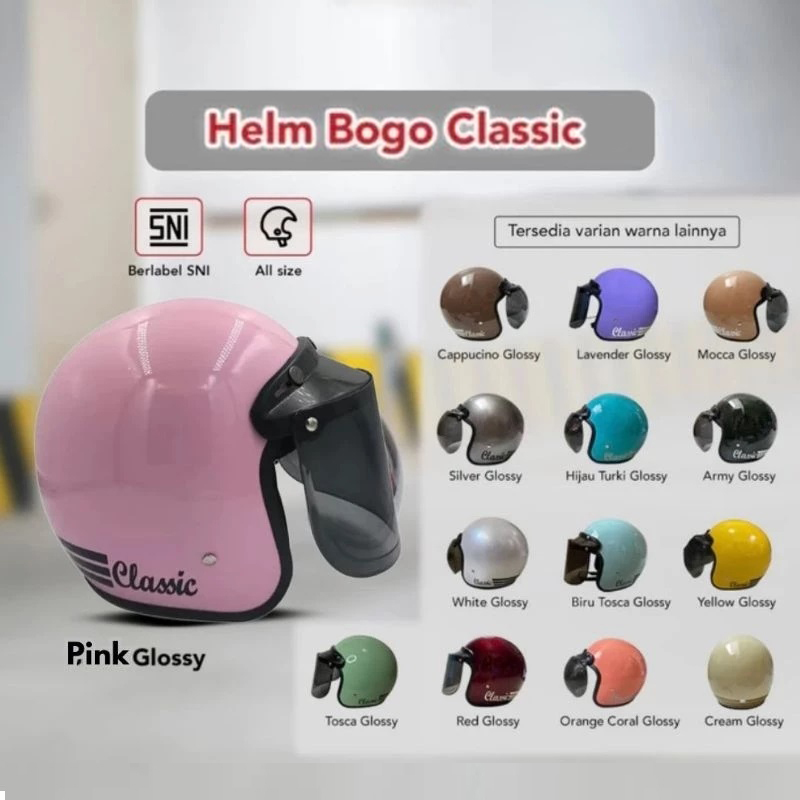 Helm Bogo Dewasa Classic Retro SNI Ori Wanita Pria Glossy Hijab