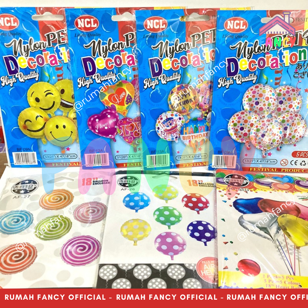 [1 PAK ISI 5 PCS] BALON FOIL 18 INCH KEMASAN PREMIUM Bentuk LOVE / BULAT POLKADOT ZIGZAG SMILEY HATI