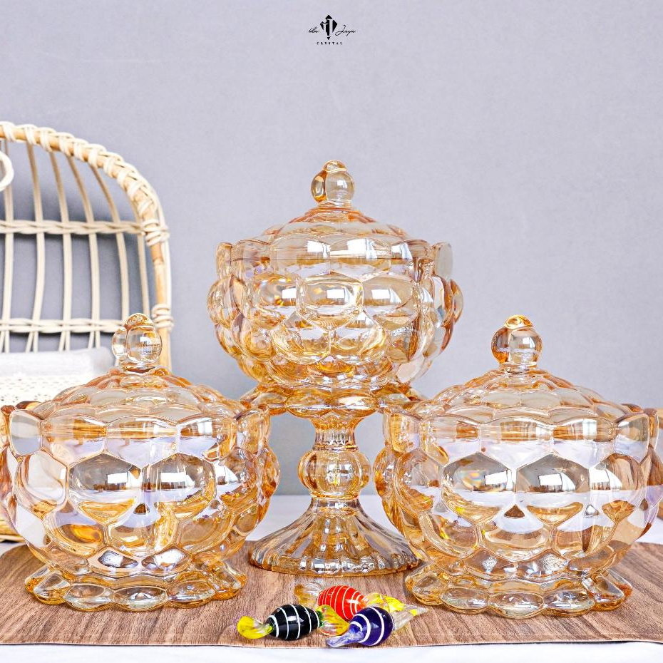 Toples Permen Kaca 1 Set / Toples Hias Ruang Tamu Mewah / Toples Kaki Kristal / Tempat Kue Kering