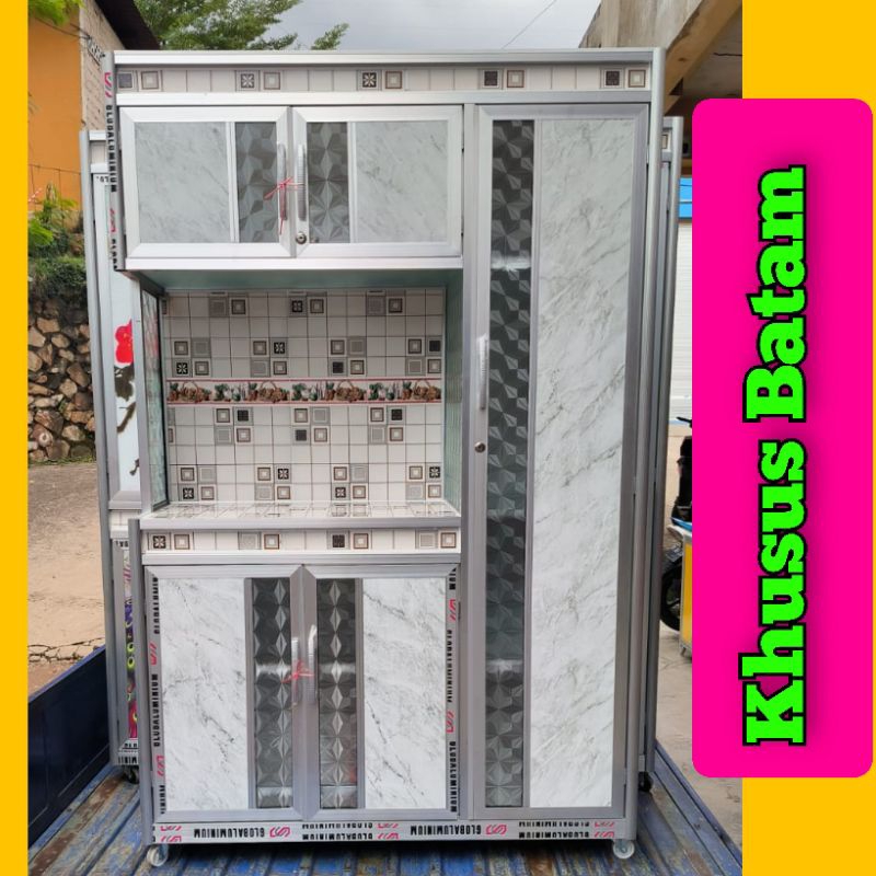 Lemari Rak Piring Aluminium kaca beroda/lemari dapur (KHUSUS BATAM)