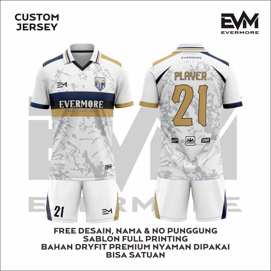 Jersey Futsal GWB CLASSIC  Putih Gold Bisa Request Nama Milano Dryfit EVM Apparel