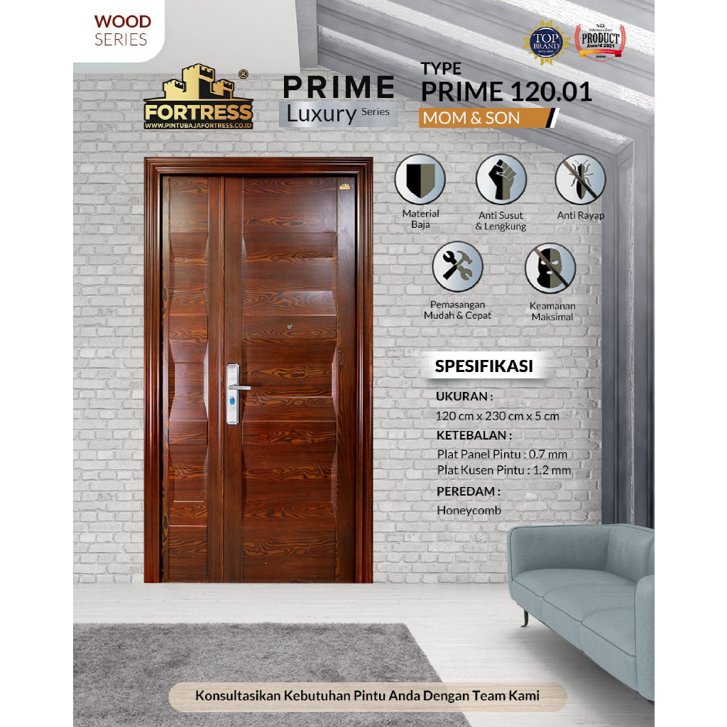 Pintu Utama Mom and Son - Pintu Baja Fortress Prime Series Motif Urat Kayu Lebar 120 CM.