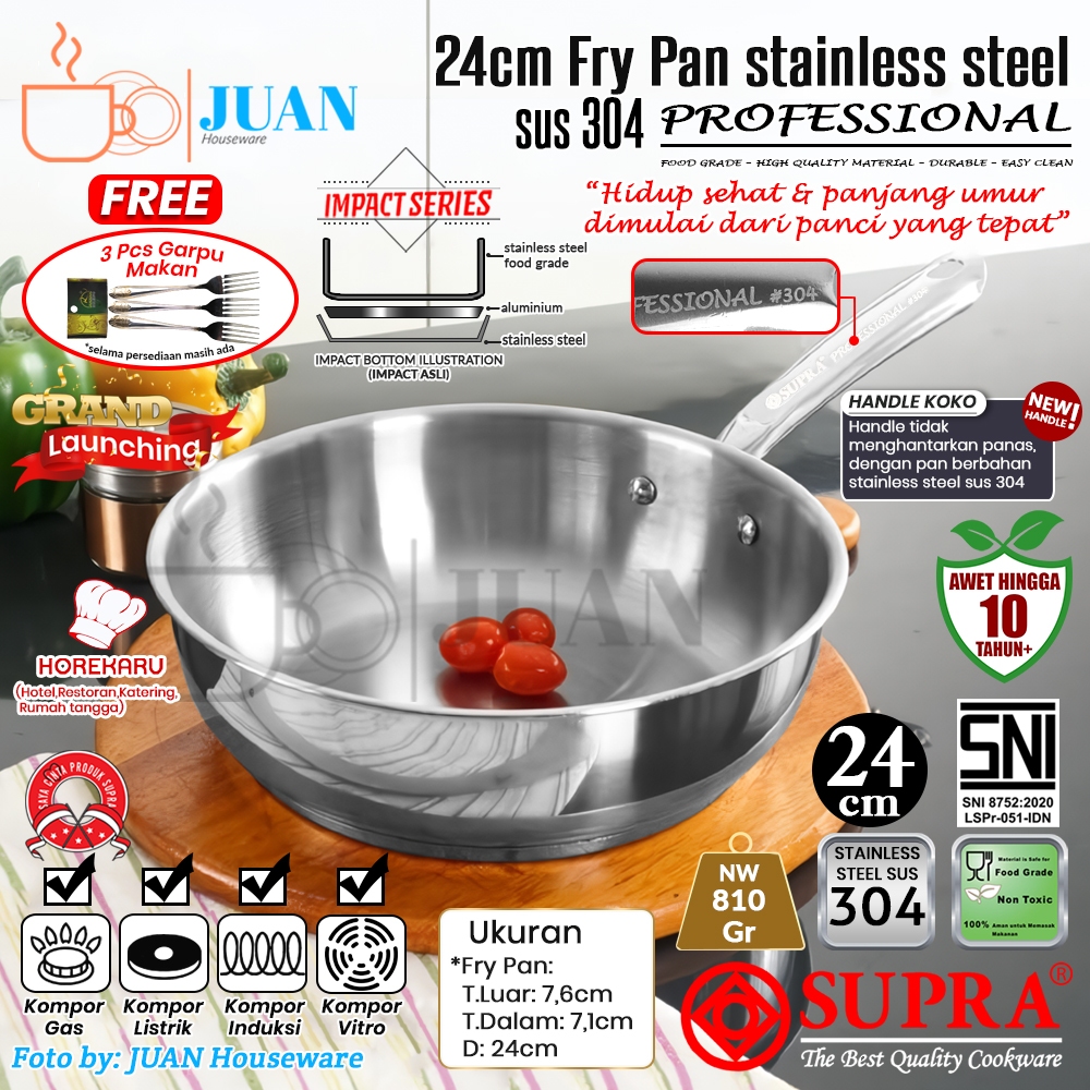 SUPRA Fry pan 24cm professional stainless steel sus 304 handle koko / panci stainless anti karat