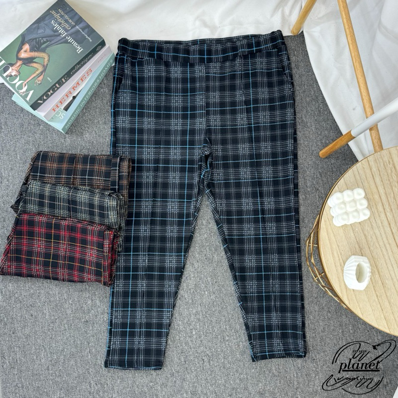 CELANA KOTAK BIG SIZE JUMBO WANITA CELANA PANJANG BAHAN MELAR BAGGY TARTAN PANTS STRIT STRETCH PINGG