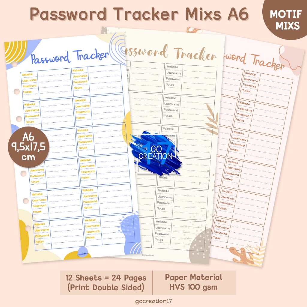 

Buku Planner Refill Kertas Binder Password Tracker Motif Premium A6