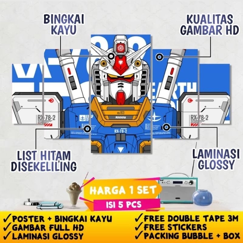 Wall Decor GUNDAM 1 Set Hiasan Dinding Poster Kayu Pajangan Dekorasi Kamar Anime ROBOT GUNDAM 5 pcs