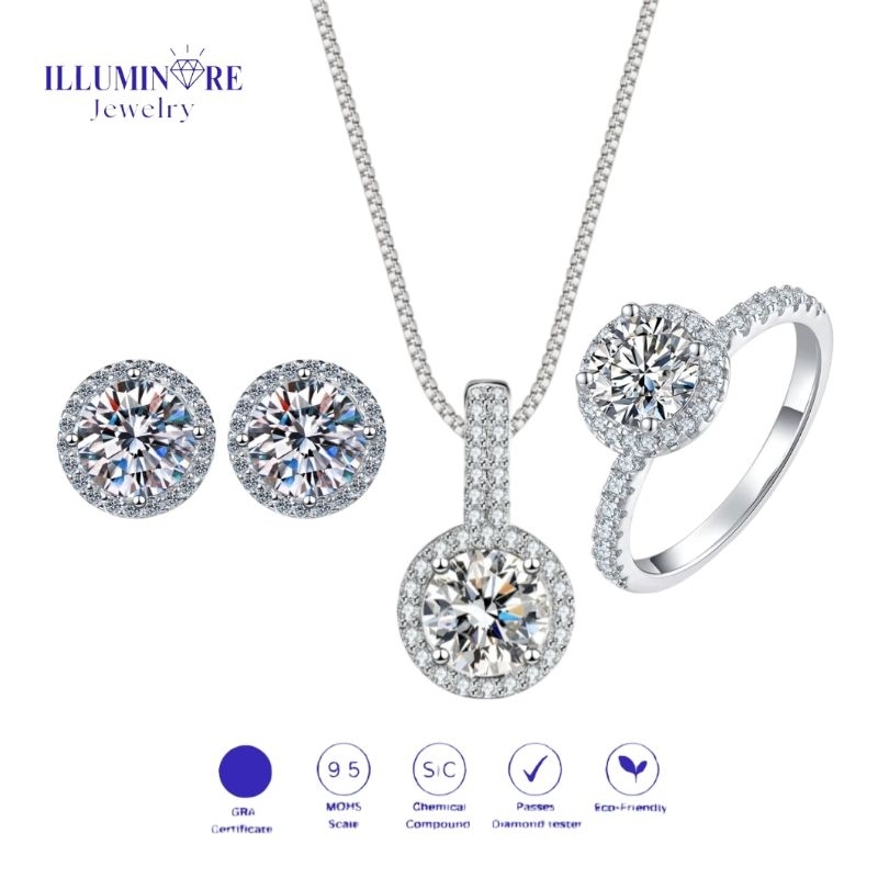 Illuminare-(100% Original) CS-ST01 Set Perhiasan Anting Kalung Cincin Wanita 1-4ct Berlian Moissanit