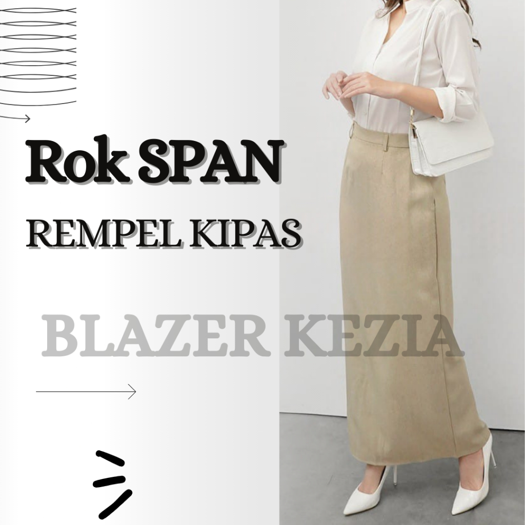 BLEZZER - Rok Kerja Kantor Cream Span Rempel Kipas Belakang Panjang Wanita Krem