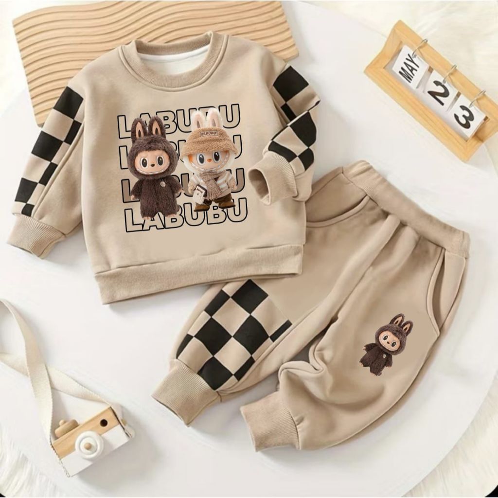 STELAN KAOS SWITER ANAK PEREMPUAN DAN LAKI LAKI MOTIF CATUR LABUBU UMUR 1-8 TAHUN
