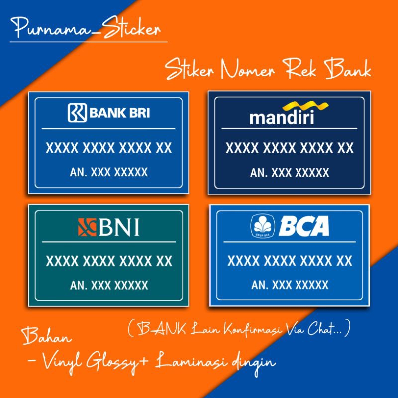 STIKER NOMER REK BANK, BRI, MANDIRI, BCA, BNI