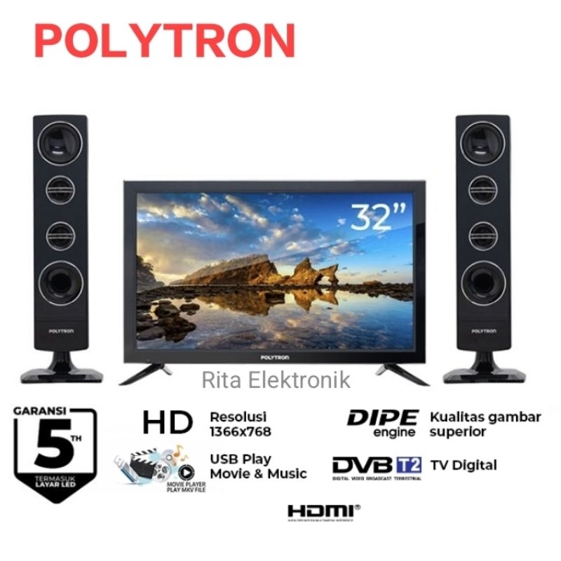 TV LED 32 Inchi Polytron Minimax PLD 32TV1755 Plus Speaker Tower