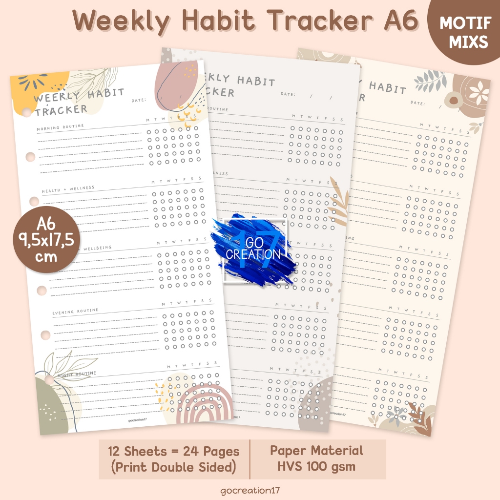 

Buku Planner Refill Kertas Binder Weekly Habit Tracker Motif Premium A6