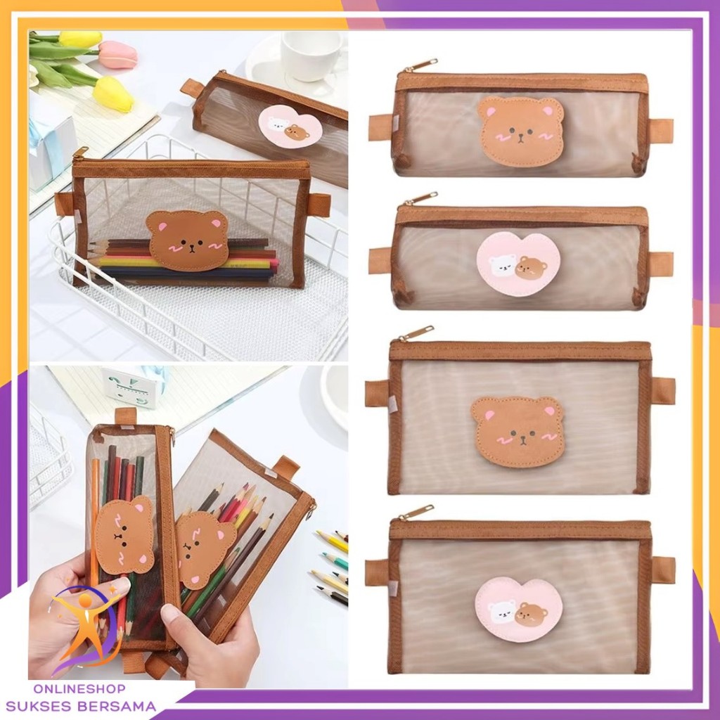 

OSB Tempat Pensil Zipper Coklat Motif Beruang Dompet Pensil Coklat Lucu Motif Bear Tempat Makeup Teddy Brown Model Jaring Transparan dan Multicolour Cute