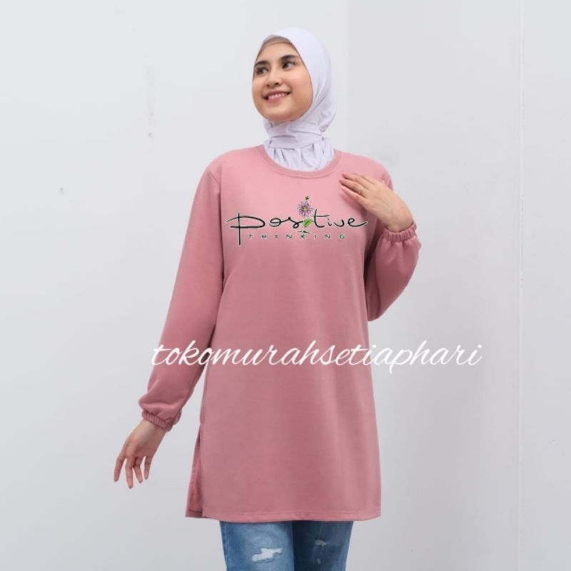 Termurah Baju Tunik Wanita Lengan Panjang /Kaos Tunik Wanita Murah Motif Positive Thinking Bahan