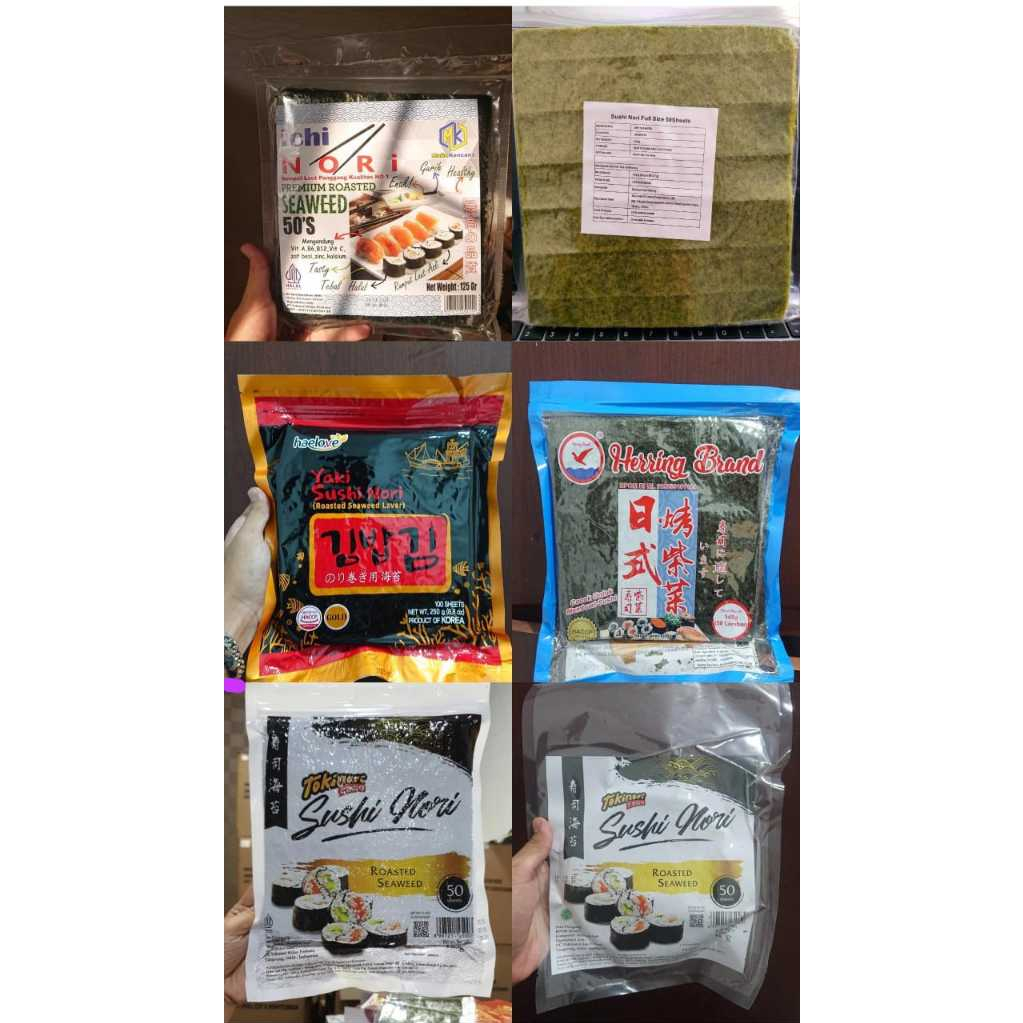

SUSHI NORI 50 LEMBAR ALL VARIAN MERK DAN ISI - SEAWEED NORI - SUSHI N0RI HALAL - SUSHI NORI 50 LEMBAR - SUSHI NORI NICO NICO - SAKAO - ICHINORI- TOKINORI - HERRING - HAELOVE - READY SEMUA VARIAN LENGKAP