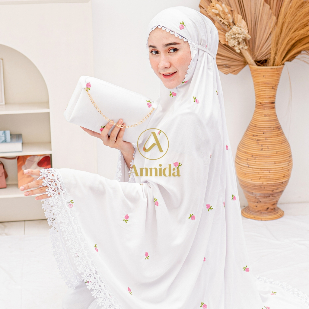Premium Mukena Dewasa Katun Rayon Bordir Inara Putih Renda Mewah Jumbo