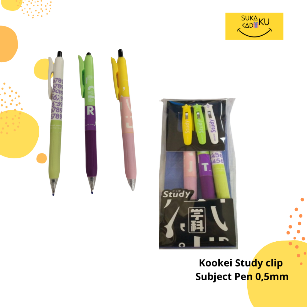 

Kookei Study clip Subject Pen 0,5mm / Pulpen Gel Angka Huruf