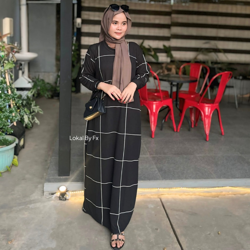Gamis Muslim Knit JPN Motif Salur Kotak Lengan Panjang Rib Terbaru Dress Kondangan