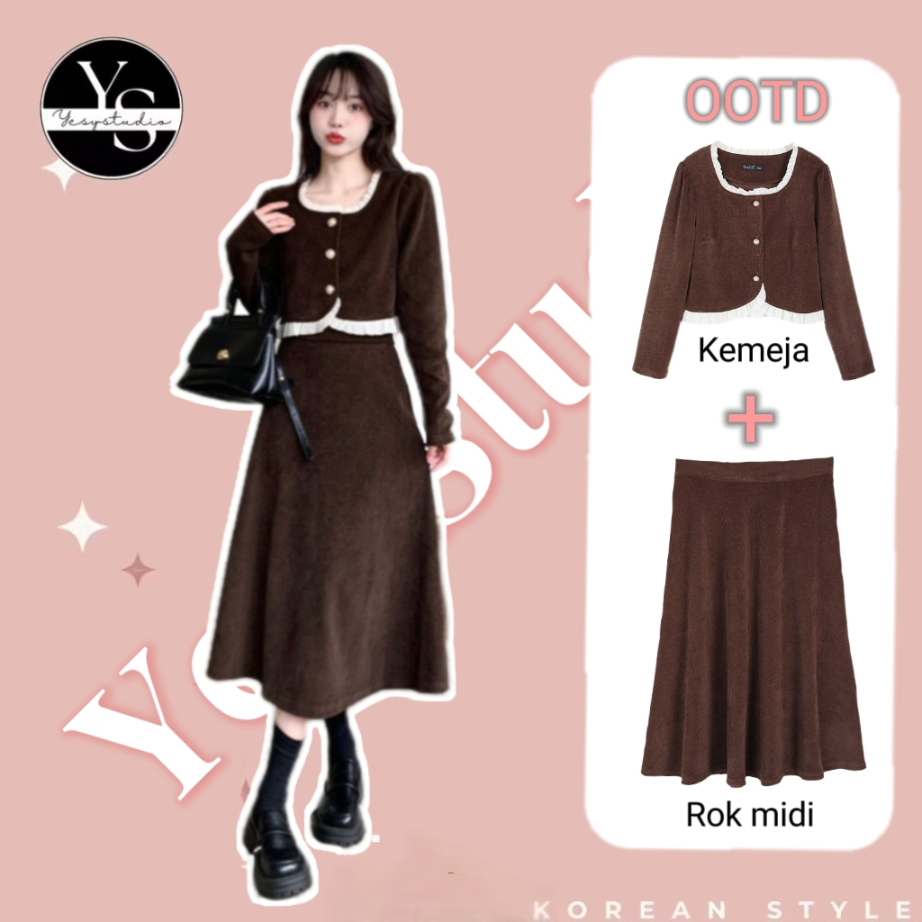 DRESS MIDI SATU SET WANITA ATASAN DAN ROK KORDUROI RETRO VINTAGE