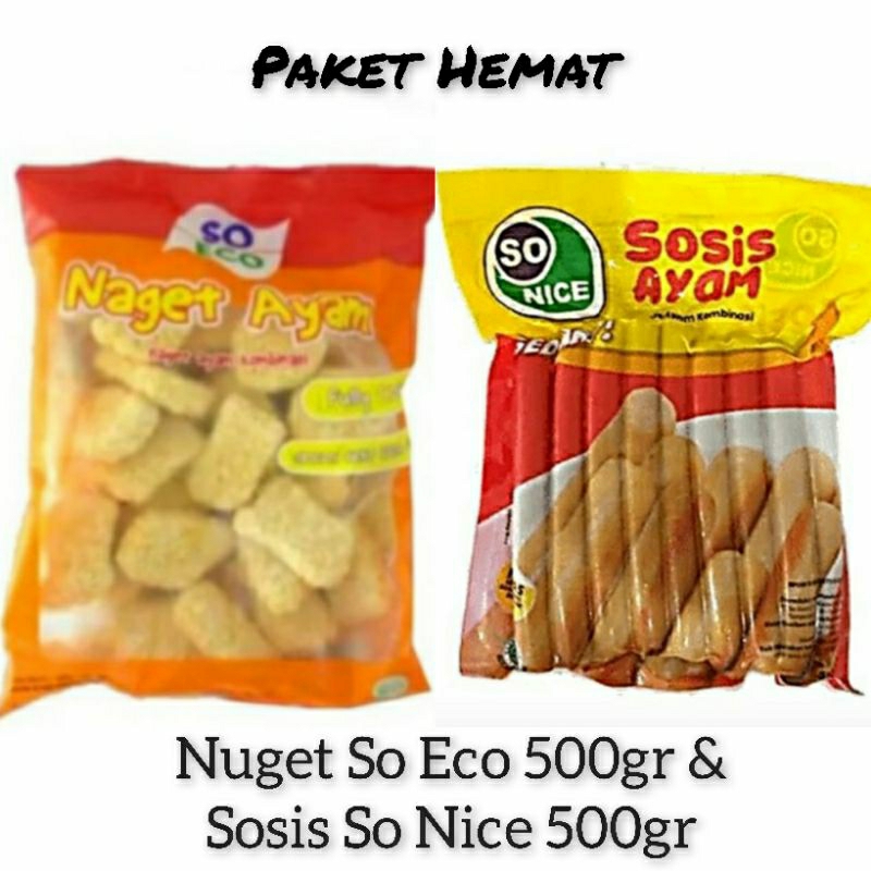 

Paket hemat Sosis So nice 500gr dan Nuget So Eco 500gr