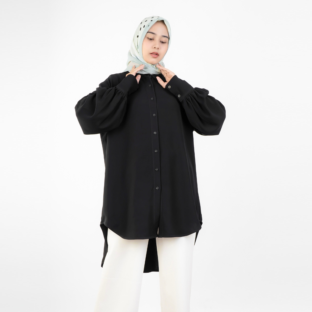 HaymeeIDN - Haifa Tunik | Kemeja Tunik Jumbo Tangan Balon Bahan Jetblack