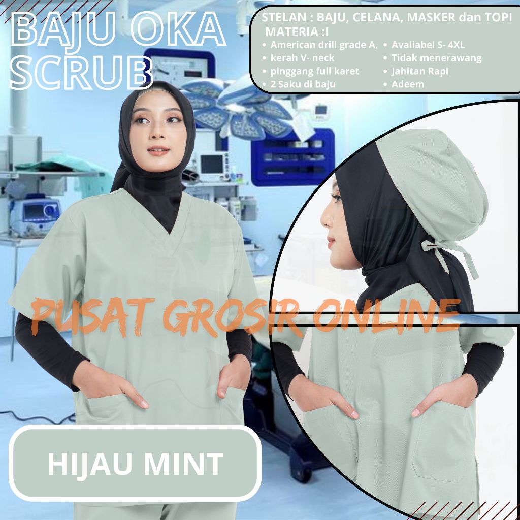 Scrub Medis OK Lengan Pendek Petugas Medis Dokter jaga dan Perawat Baju OKA Pendek Warna Hijau Mint