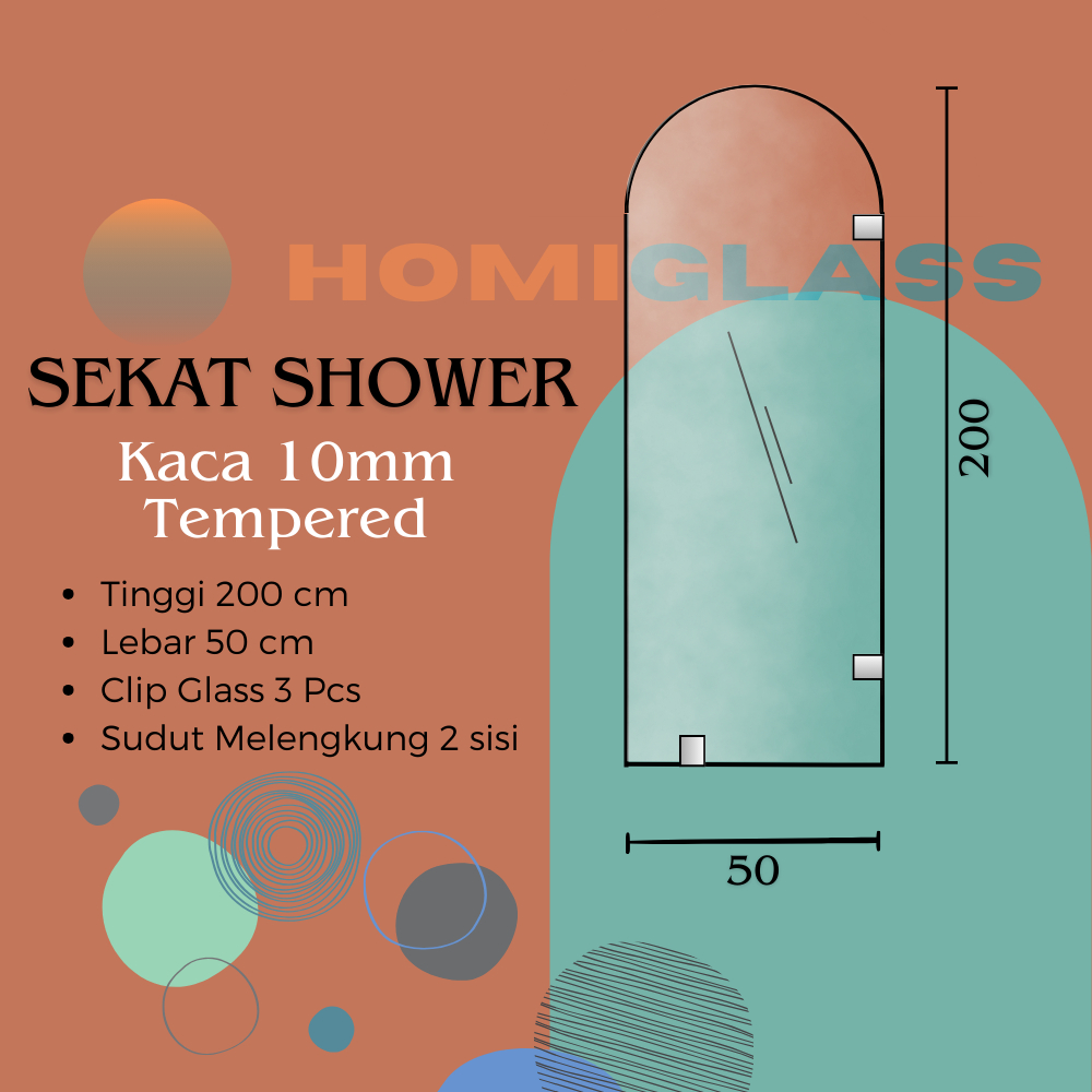 

Sekat Shower 200 x 50cm Sudut R 2 Sisi Kaca Tempered 10mm / Kaca Mati / Shower Screen / Kaca Shower Melengkung