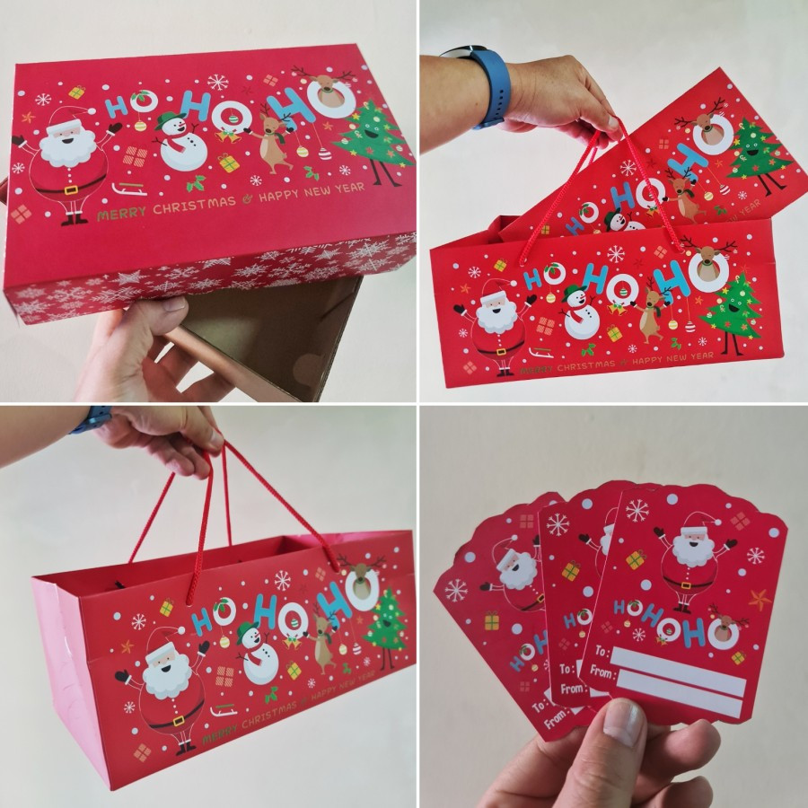 ( 5 pcs ) set paket paperbag dus kotak kue natal tanpa sekat motif christmas ho ho ho dus kemasan ku