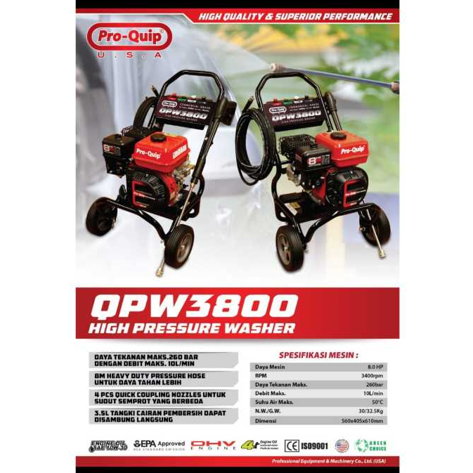 Jet Cleaner QPW3800 PROQUIP / Gasoline High Pressure Washer Steam Cuci Mobil Motor Bensin QPW 3800 P