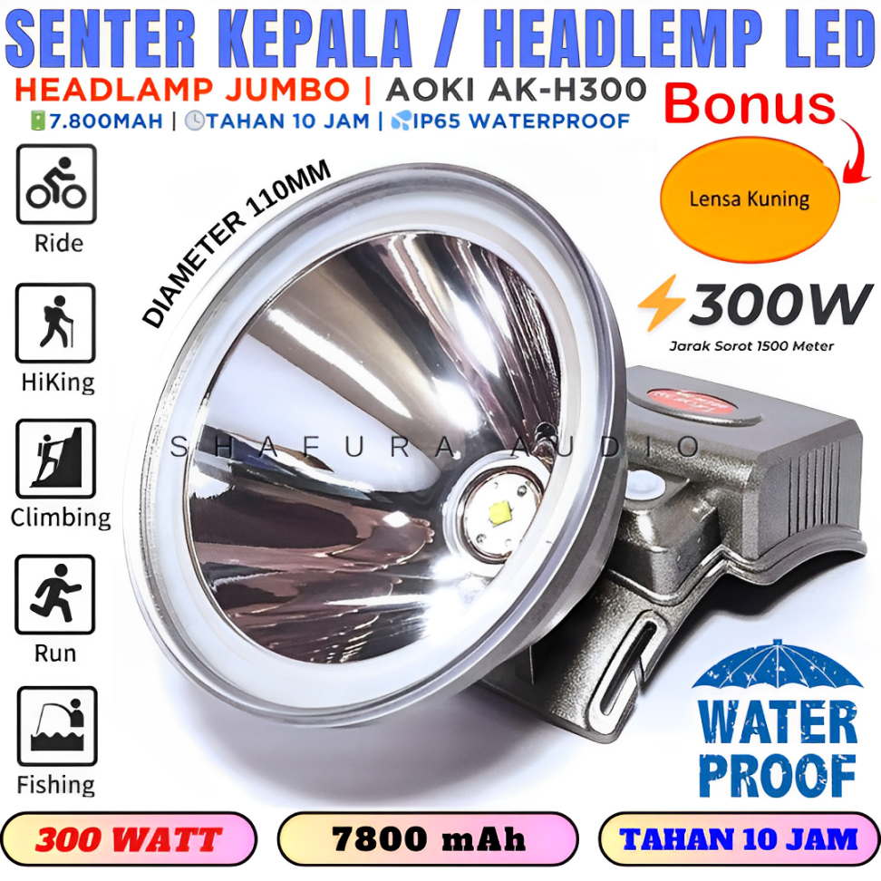 Senter Kepala Aoki Ak-H300 300w Baterai 7800mah | Senter Kepala Premium Baterai Lithium 7800mah Supe