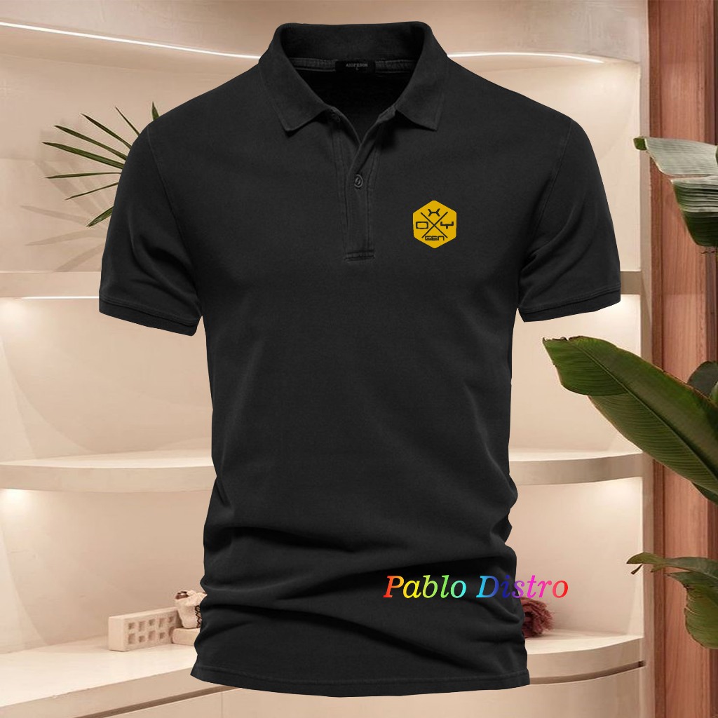 Baju Distro Style Polo Kerah Oxigen Petak Text Gold Kaos Polo T Shirt Denim Premium Quality Atasan P