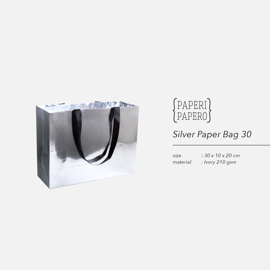 

Silver Paper Bag (30x10x20 cm) (10 Pcs) - Shopping Bag / Tas Kertas / Kantong Kertas Perak Metalik dengan Tali Pita Hitam