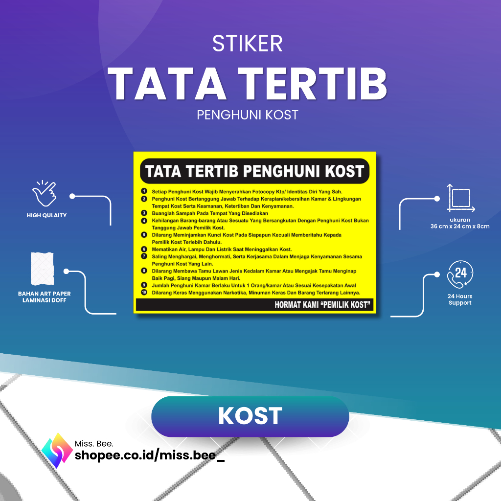 

STIKER TATA TERTIB ATURAN KOST MURAH | MISS BEE