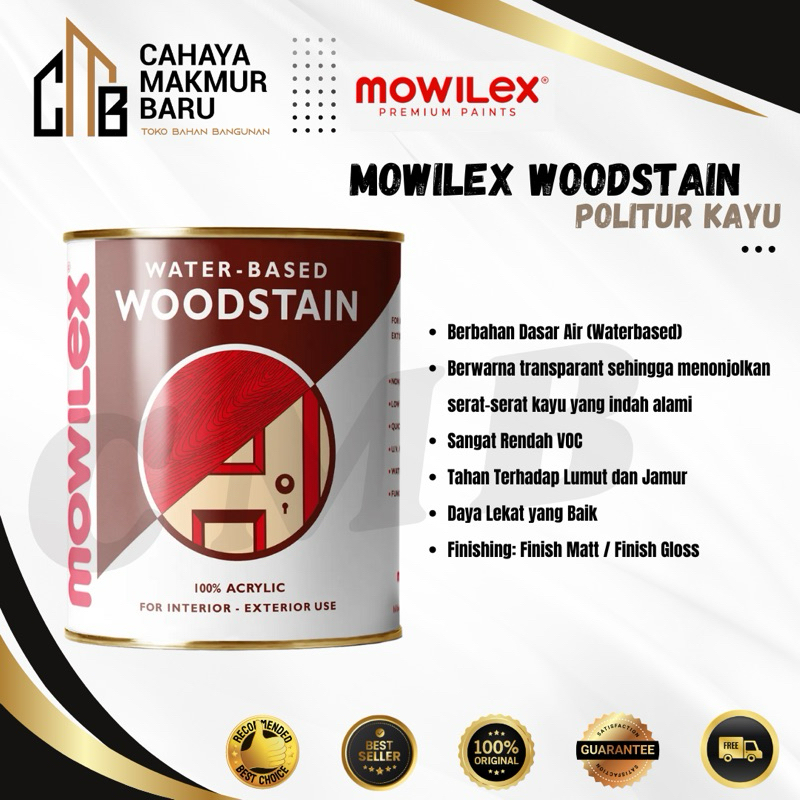 Mowilex Woodstain Cat Pelapis Kayu Premium 1 L/Politur Kayu Mowilex 1 KG/Finishing Mowilex/Clear Fin