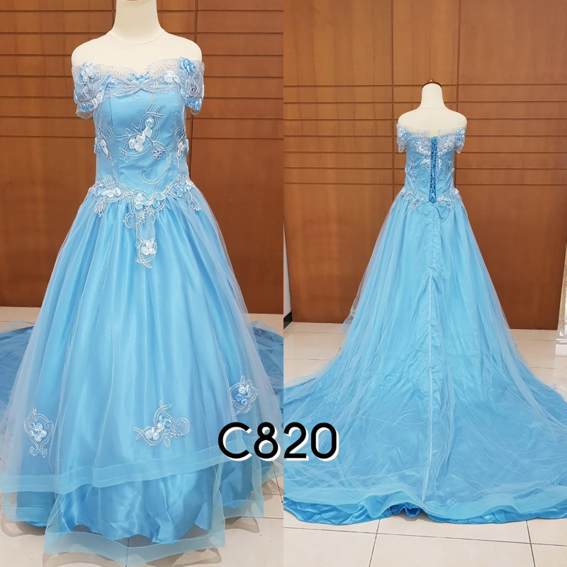 gaun cinderella gaun prewedding biru muda berekor