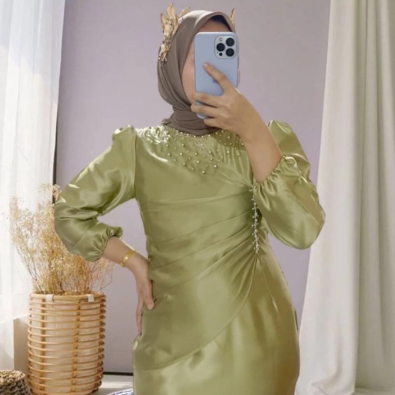 TERLARIS [JUMBO ADA] VINA DRESS SATIN SILK MAXMARA PREMIUM GAMIS WANITA KONDANGAN SAGE BURGUNDY | BA