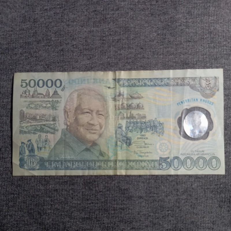 uang kuno 50000 polimer soeharto asli bekas pakai