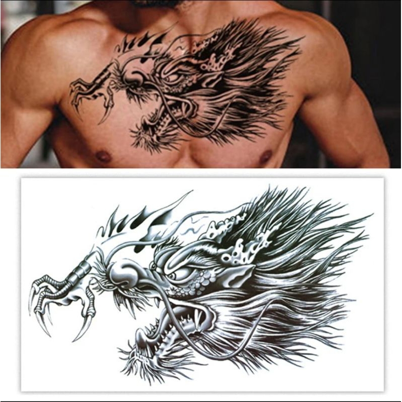 Tato Temporer Ukuran Jumbo Besar - Tattoo Temporary Motif Naga Hitam Bercakar - Tato Temporer Dada P