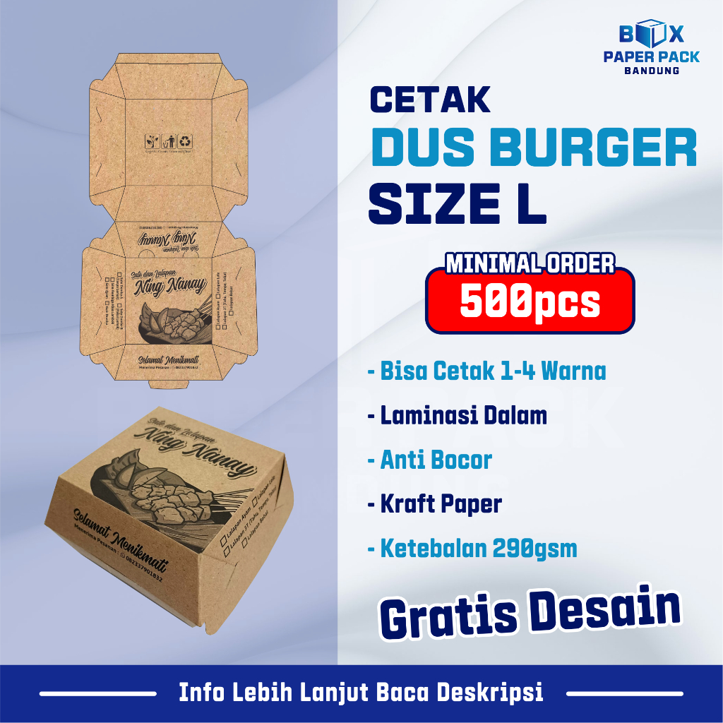 Custom cetak printing box burger size L kraft 290gr min 500 pcs