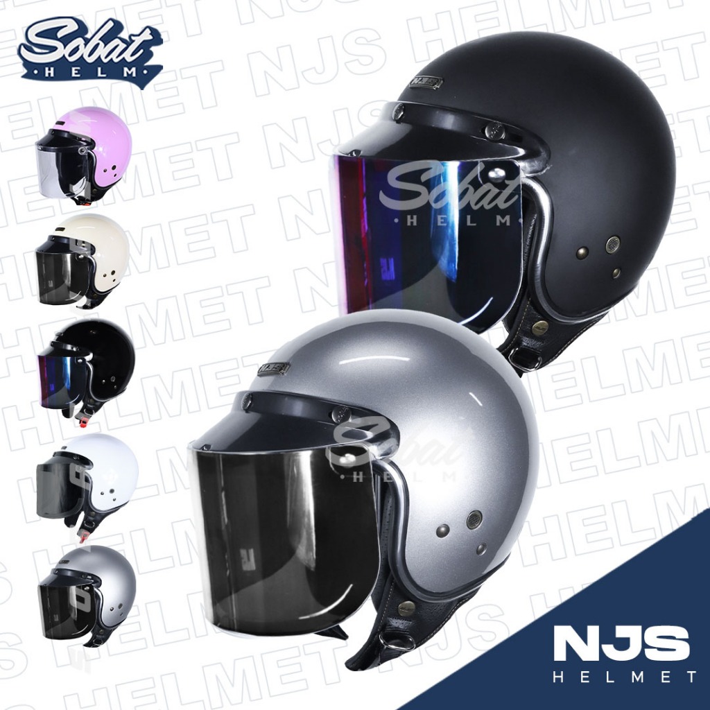 Helm NJS NR-80's SOLID Kaca INJAK Helm Retro Half Face SNI