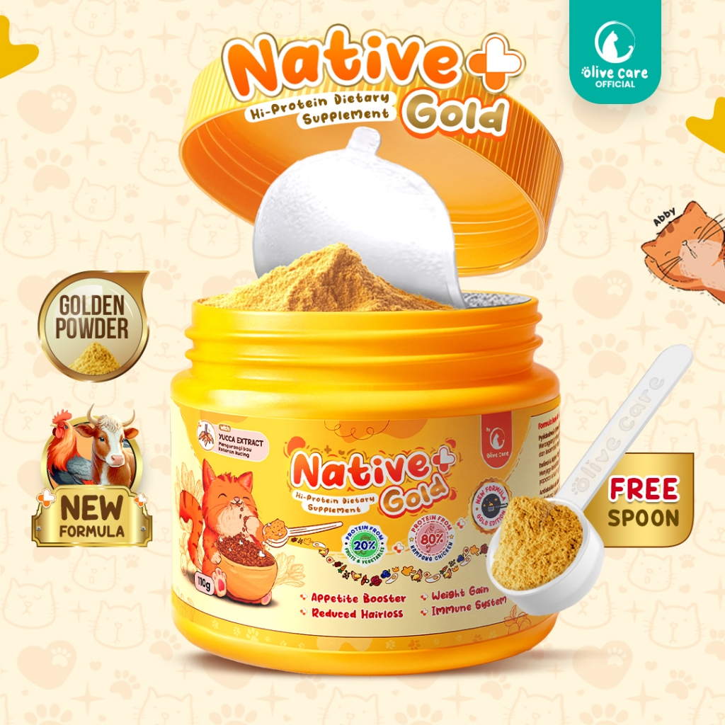 Olive Care Vitamin Kucing NATIVE+ GOLD Protein Tinggi 110gr GOLDEN POWDER untuk Penambah Nafsu Makan