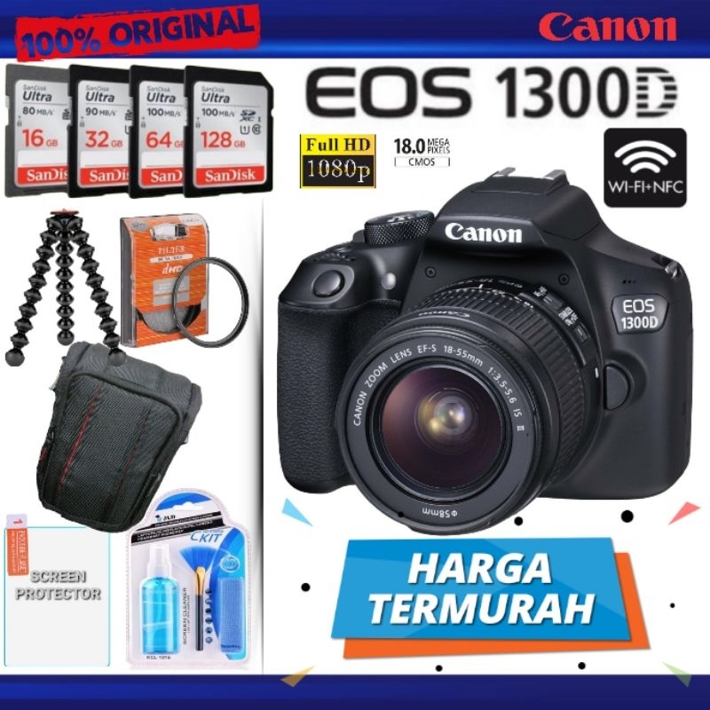 KAMERA DSLR CANON EOS 1300D WIFI + LENSA 18-55MM IS II ( PRODUK BERGARANSI 1 TAHUN DAN KONDISI BARU)