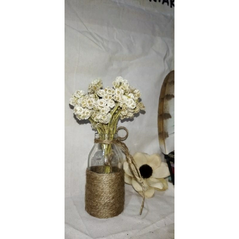 satu set vas  bunga kaca dan bunga sovenir atau hadiah hiasan ruangan aesthetic bunga edelweiss