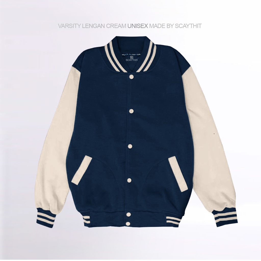 Scaythit - Jaket Varsity Kancing Distro Unisex Polos Keren Pria Navy Lengan Cream